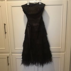 Women’s chocolate brown party dress feather detail